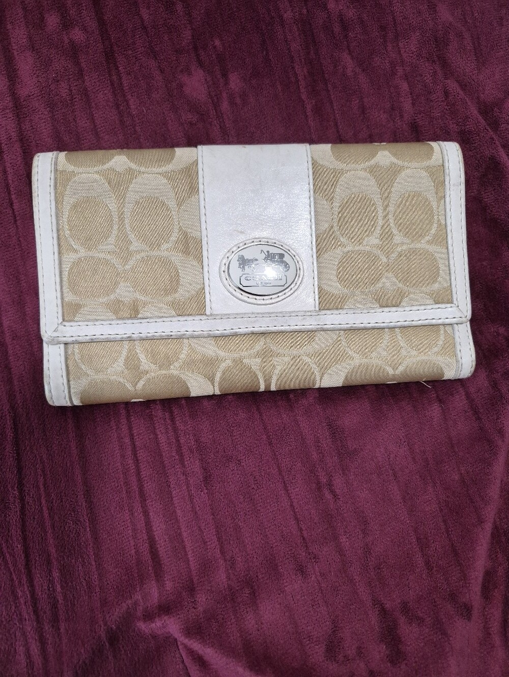 Coach Beige Signature Canvas Wallet with White Trim